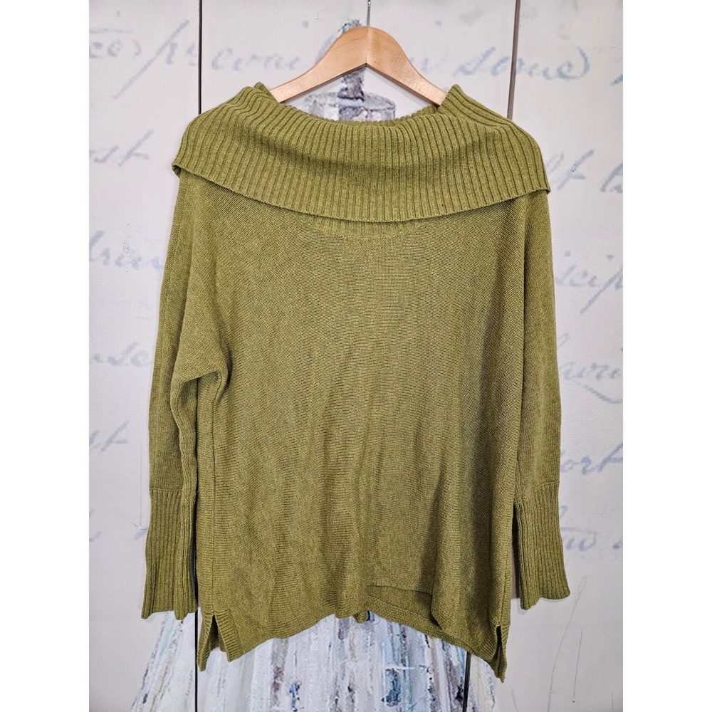 Chico's Cowl Neck Sweater Size 2 Large Olive Green Ribbed Knit Off Shoulder Boho